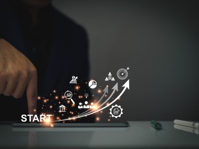 Startup business. Businessman starting an online company. Planning his business, trade, profits, future investment on tablet virtual screen. Startup to success business. digital planning technology.