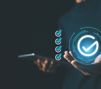 Digital Guarantee Checkmark, business checking quality assurance QA or QC management, certification Standardization, certification , answer questions of test for Survey form concept.